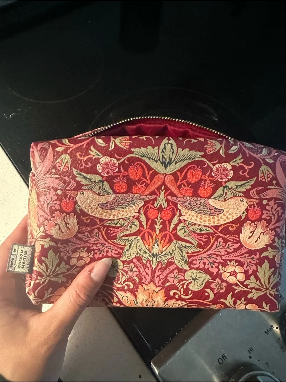 William Morris Floral & Bird Pattern Quilted Cosmetic Pouch - Red